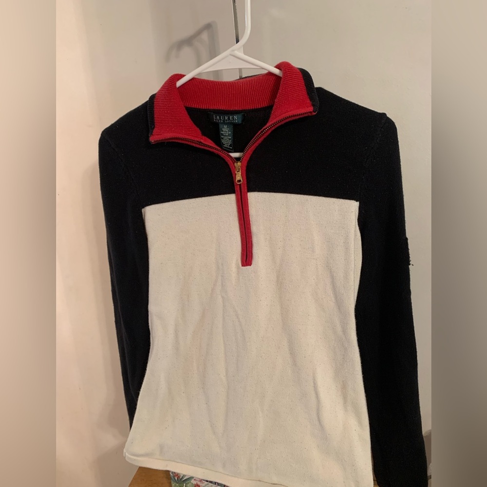 LAUREN RALPH LAUREN black cream half zip sweater size Medium cotton